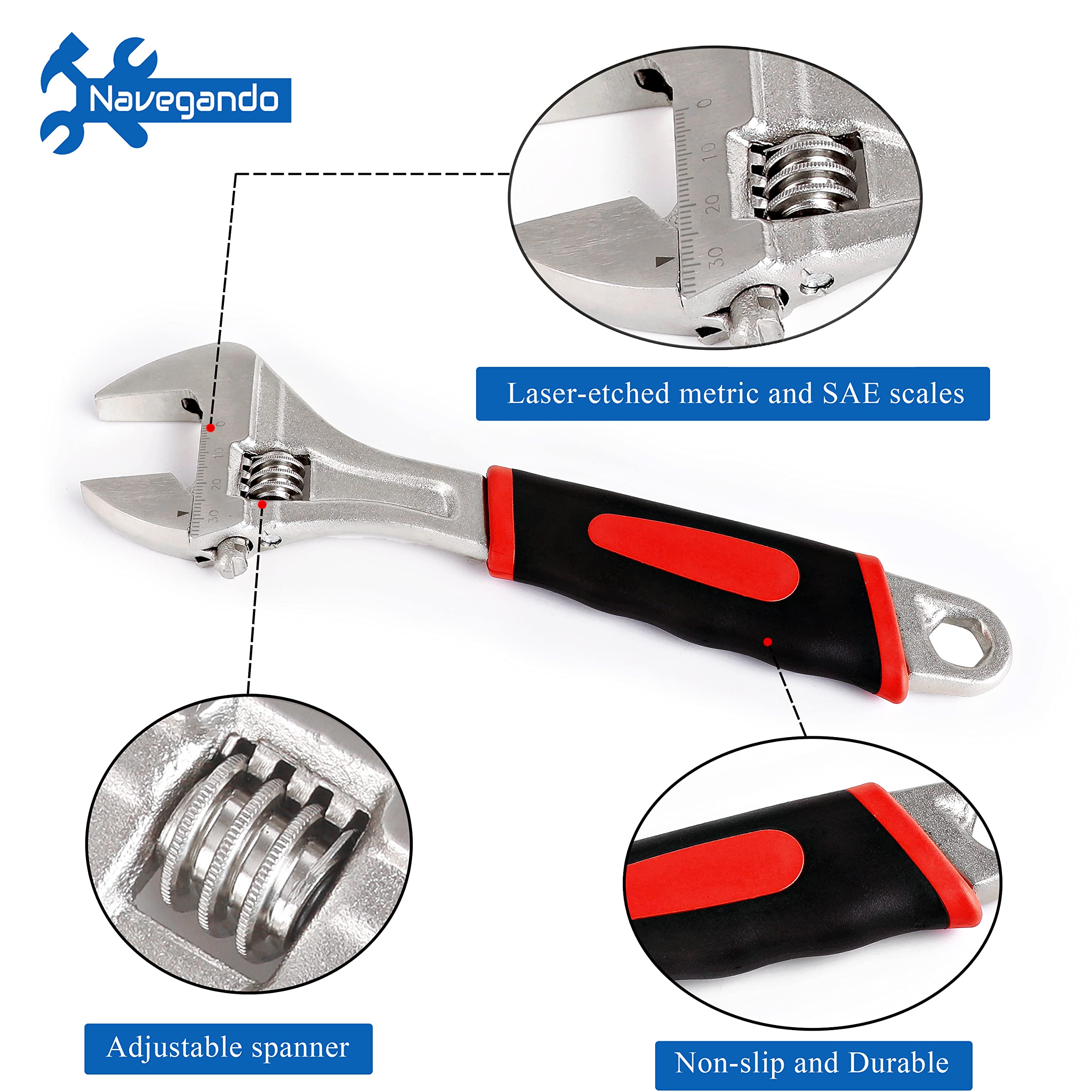 Adjustable Wrench Set 4-Piece - 6, 8, 10, 12 Inch Professional Spanner Kit with Ergonomic Rubber Grip & Movable Jaw - Ideal for Plumbing, Automotive Repair, and DIY Home Improvement Projects