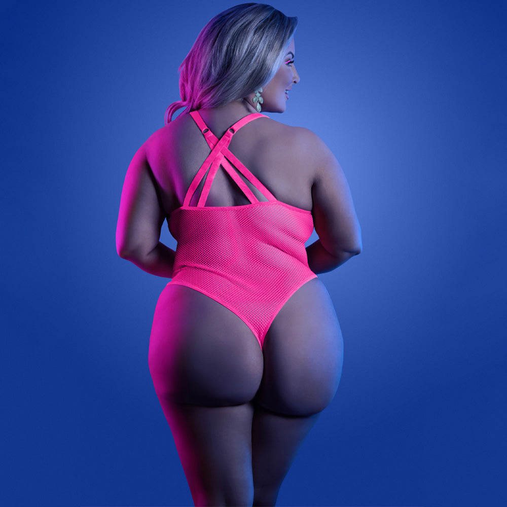 Fantasy Lingerie Glow Electric Haze Plunging Net Thong Teddy for Curvy Women - Sexy Lingerie Set for Date Night & Boudoir Photography