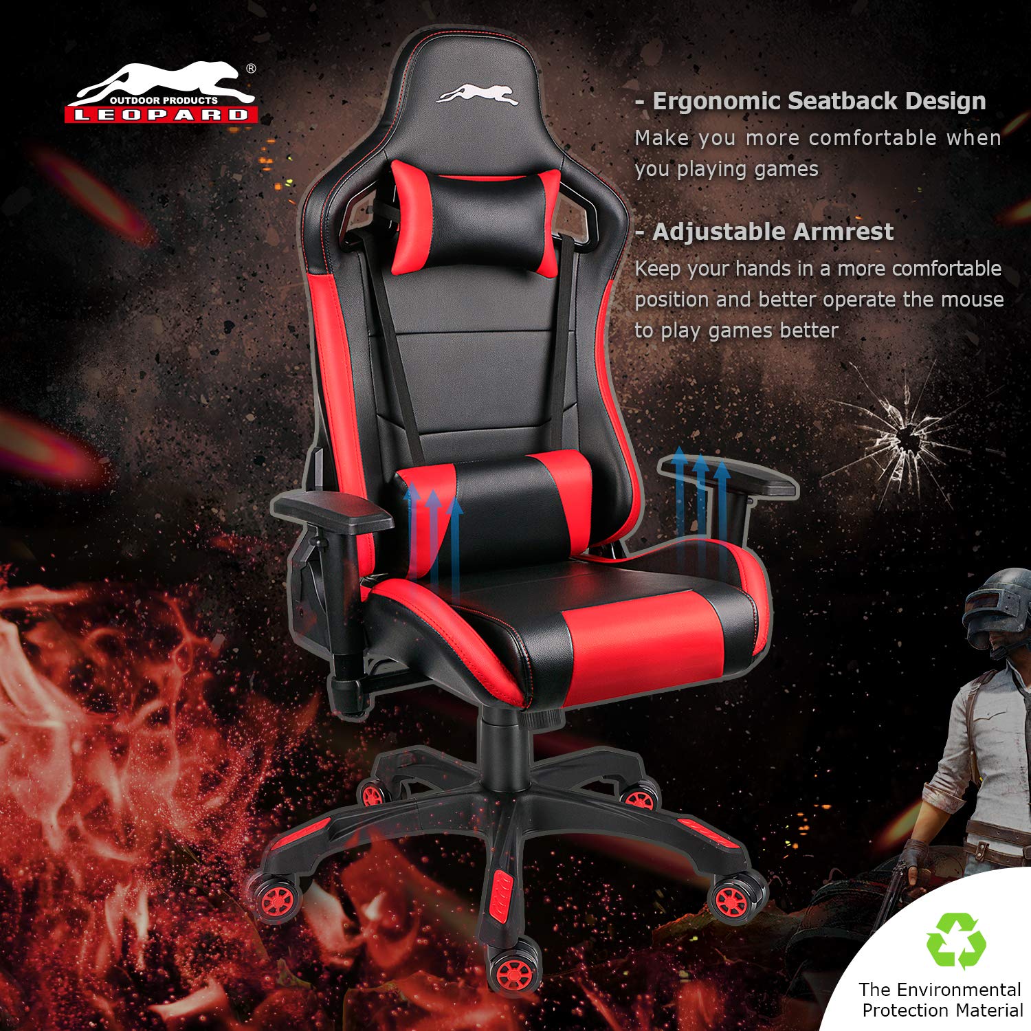 Premium Leopard Print Gaming Chair - Ergonomic High Back PU Leather Office Chair with Adjustable Height, 360° Swivel & Lumbar Support - Perfect for PC Gaming, Esports & Home Office (Black/Red)