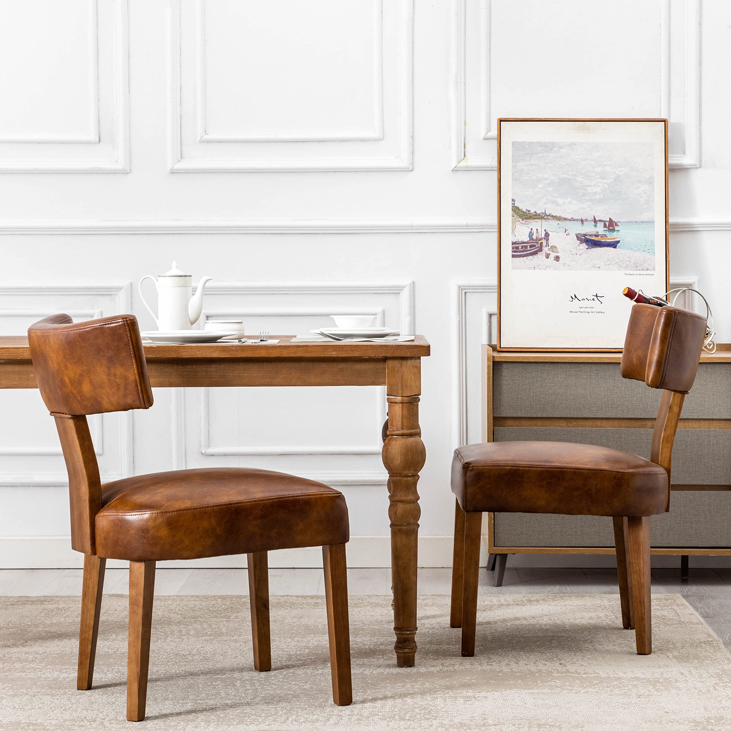 Mid Century Modern Dining Chairs Set of 2 - PU Leather Upholstered Side Chairs, Solid Wood Armless Parson Chairs for Kitchen & Dining Room - Brown - Perfect for Small Spaces & Contemporary Home Decor