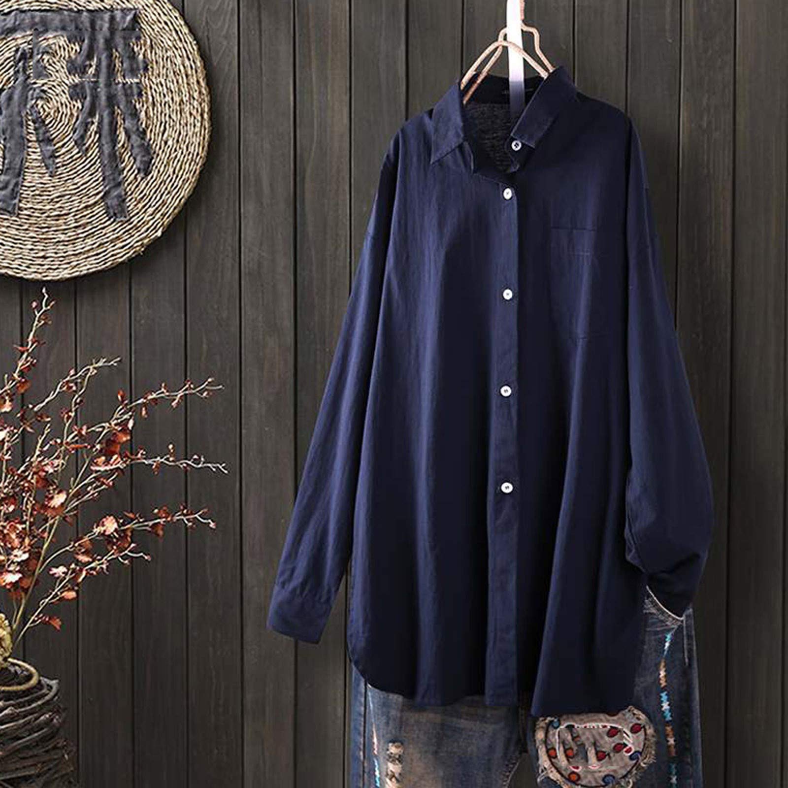 XUETON Women's Plus Size Casual Cotton Linen Blouse - Long Sleeve High Low Hem Tunic Top for Work, Office & Everyday Wear
