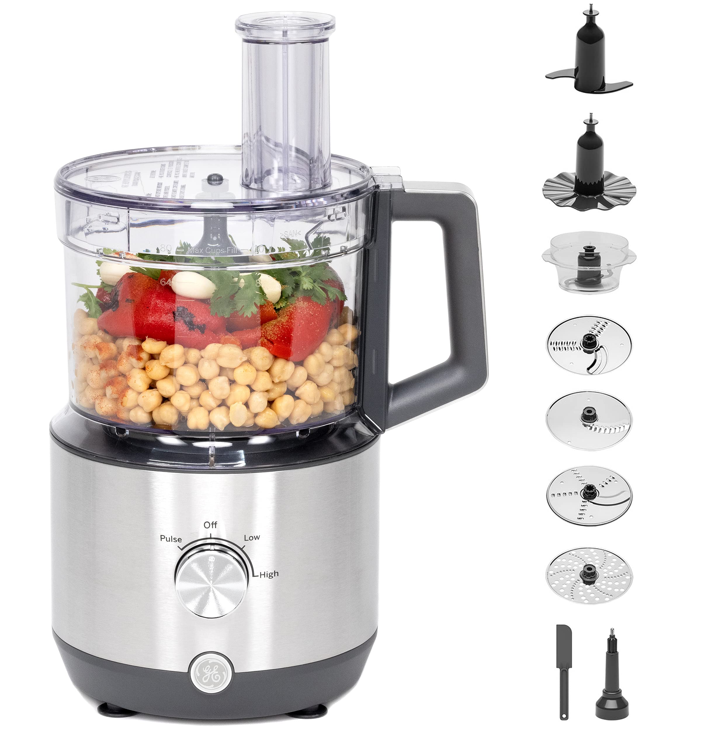 GE 12-Cup Food Processor with 3 Feeding Tubes & Stainless Steel Accessories - 3 Discs + Dough Blade | 550W 3-Speed Electric Kitchen Appliance | Perfect for Shredding Cheese, Chopping Vegetables, Kneading Dough | Ideal for Meal Prep, Baking & Cooking | Durable & Powerful Kitchen Essential