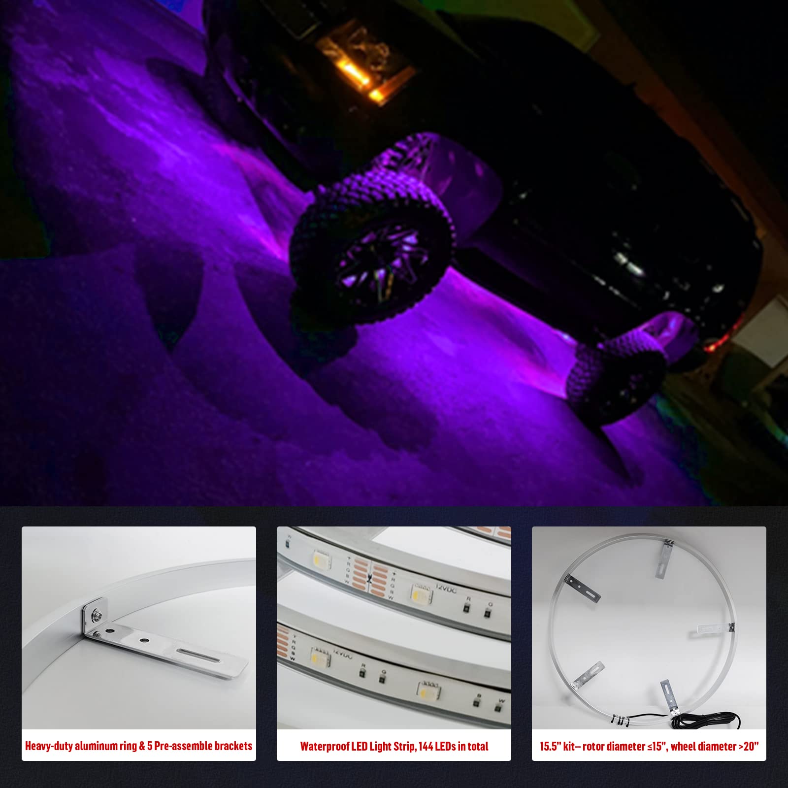 15.5 Inch RGBW LED Wheel Ring Lights - Waterproof Tire Light Kit with Braking Function & Remote/APP Control for Cars, Trucks, Pickups & Off-Road Vehicles - Perfect for Night Driving, Car Shows & Off-Road Adventures
