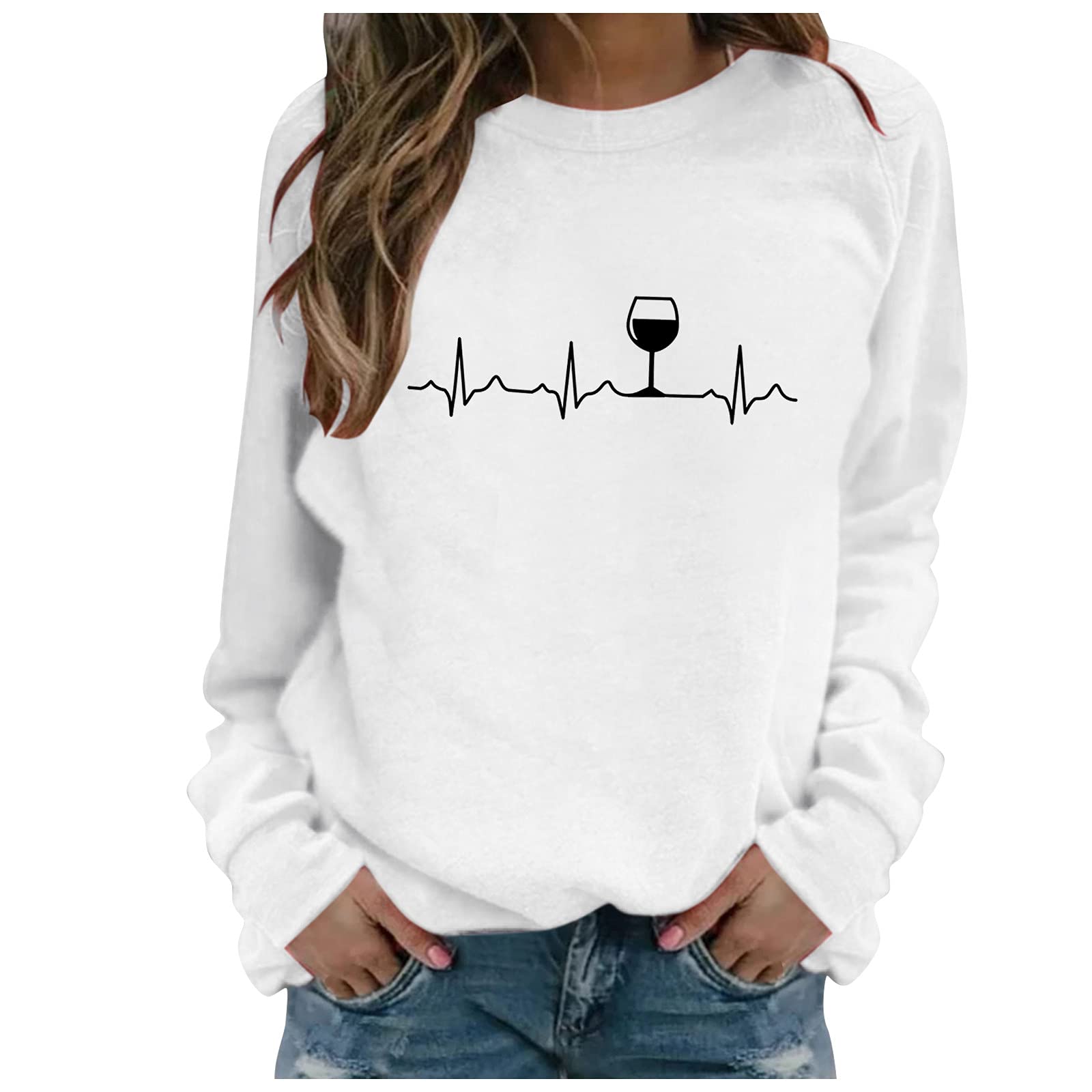 Women's Long Sleeve Pullover Sweatshirt - Cute Cup Print Solid Color Blouse & T-Shirt | Casual Wear, Office Outfit, Street Fashion, Fall & Winter Layering