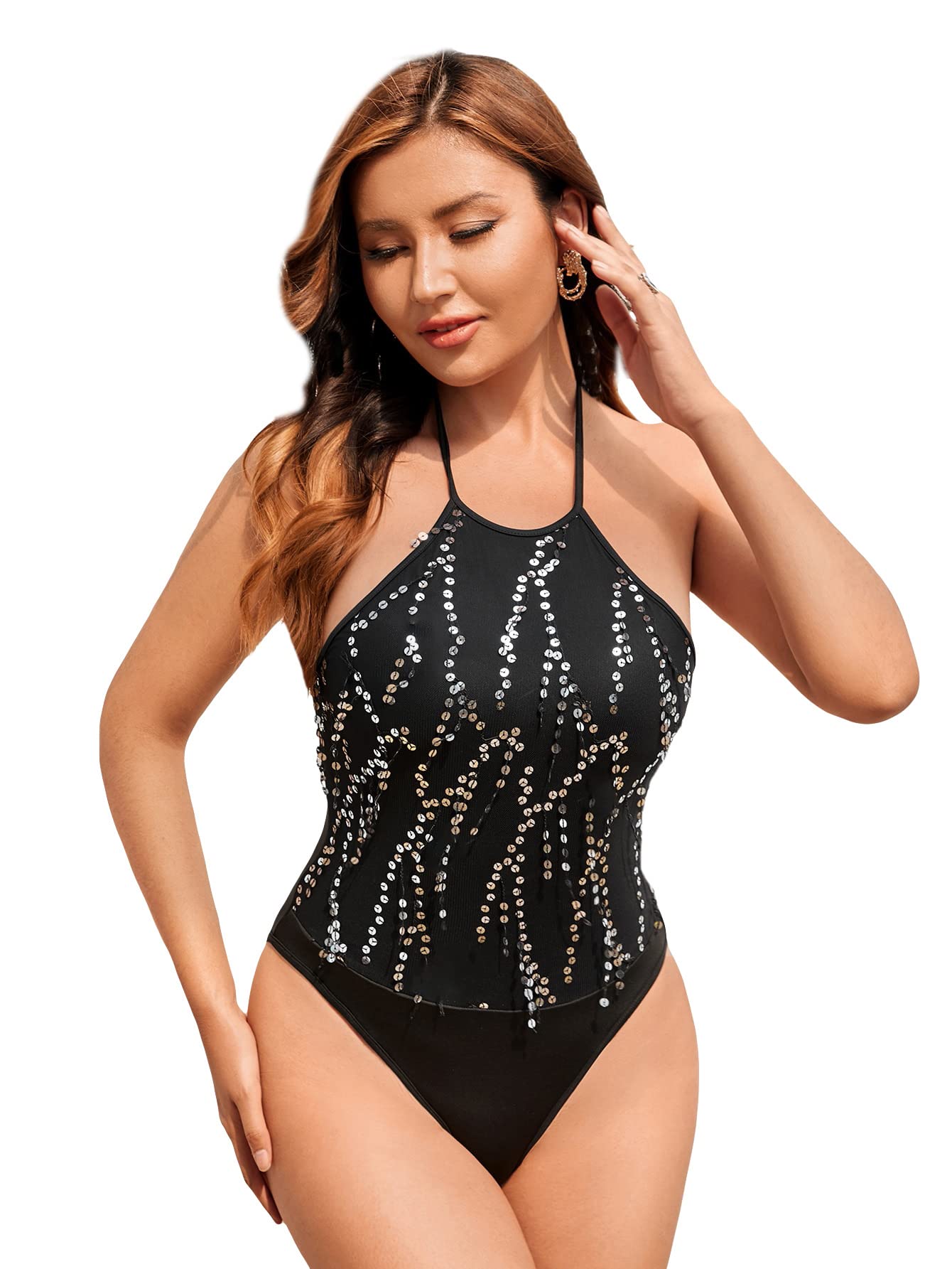 OYOANGLE Women's Sequin Sleeveless Tie Backless Halter Bodysuit Top - Sexy Clubwear & Party Outfit for Night Out, Date Night, and Special Occasions