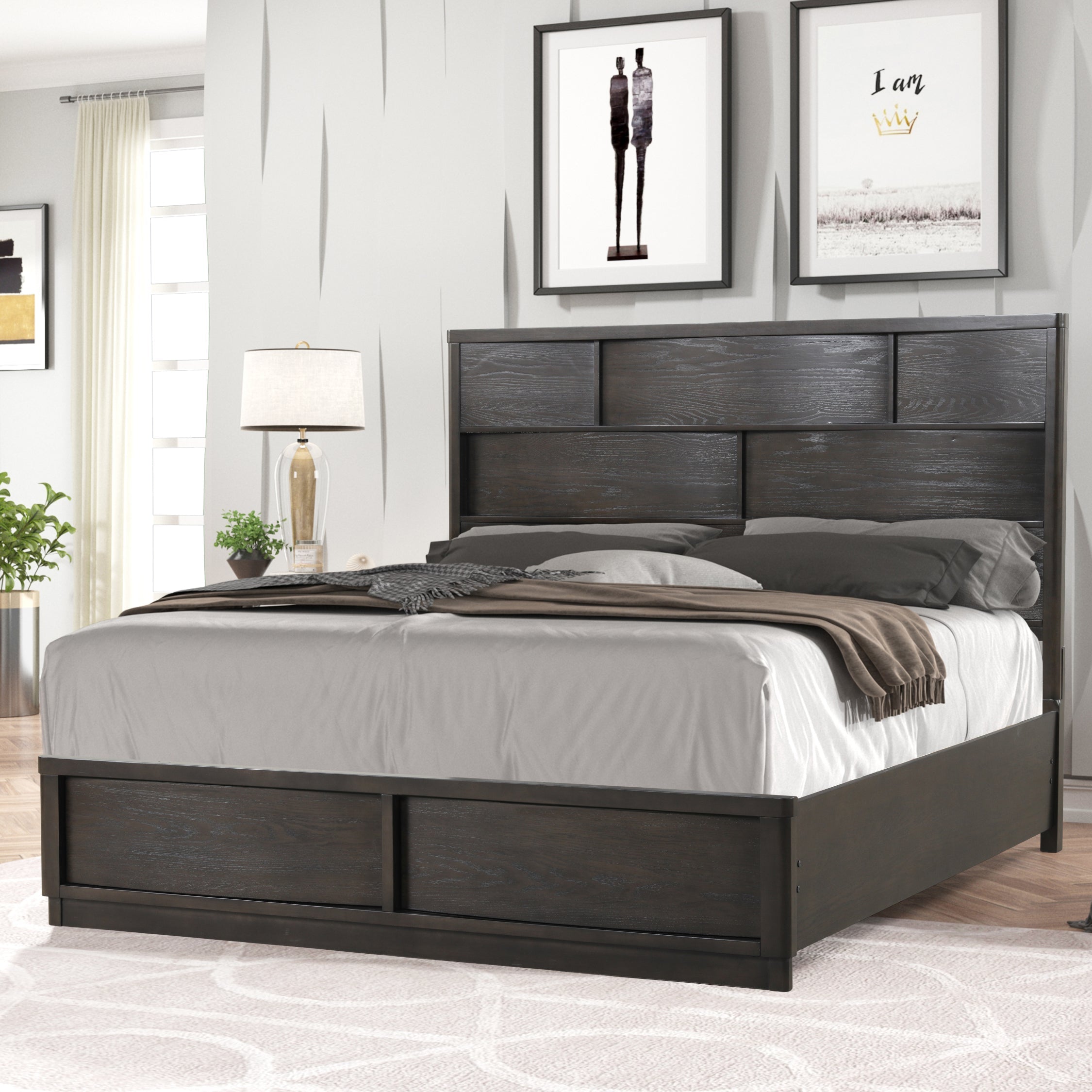 Belani Solid Wood Panel Bed Frame - Queen Size, Espresso Finish - Modern Farmhouse Bedroom Furniture for Master & Guest Rooms