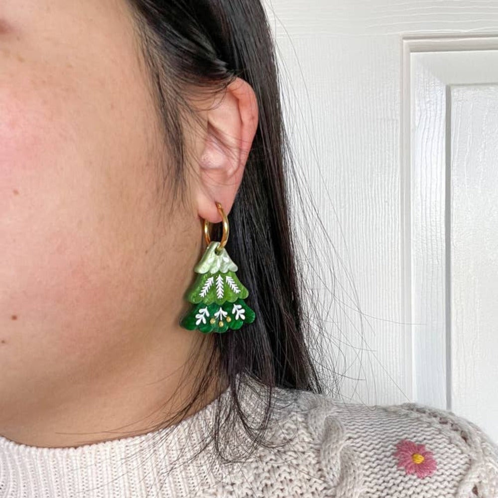 Handmade Folk Christmas Tree Acrylic Earrings - Festive Holiday Jewelry for Women, Unique Xmas Gift for Party & Seasonal Celebrations