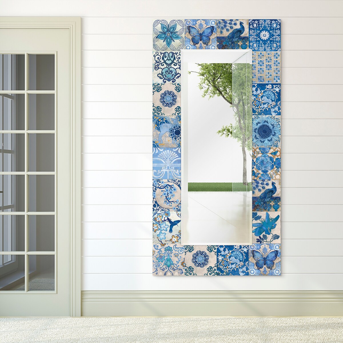 Blue & White Abstract Rectangular Beveled Wall Mirror - 72 x 36 Inches Tempered Glass - Modern Home Decor for Living Room, Bedroom & Entryway