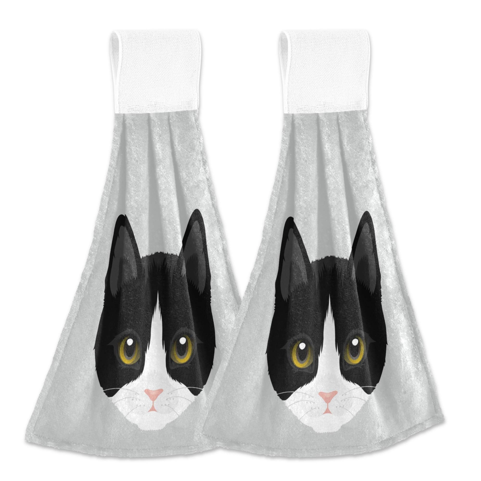 ASLSIY Tuxedo Cat Hanging Kitchen Towels - Fast Drying Absorbent Hand & Dish Towels Set of 2 - Perfect for Kitchen, Bathroom, Gym & Home Decor