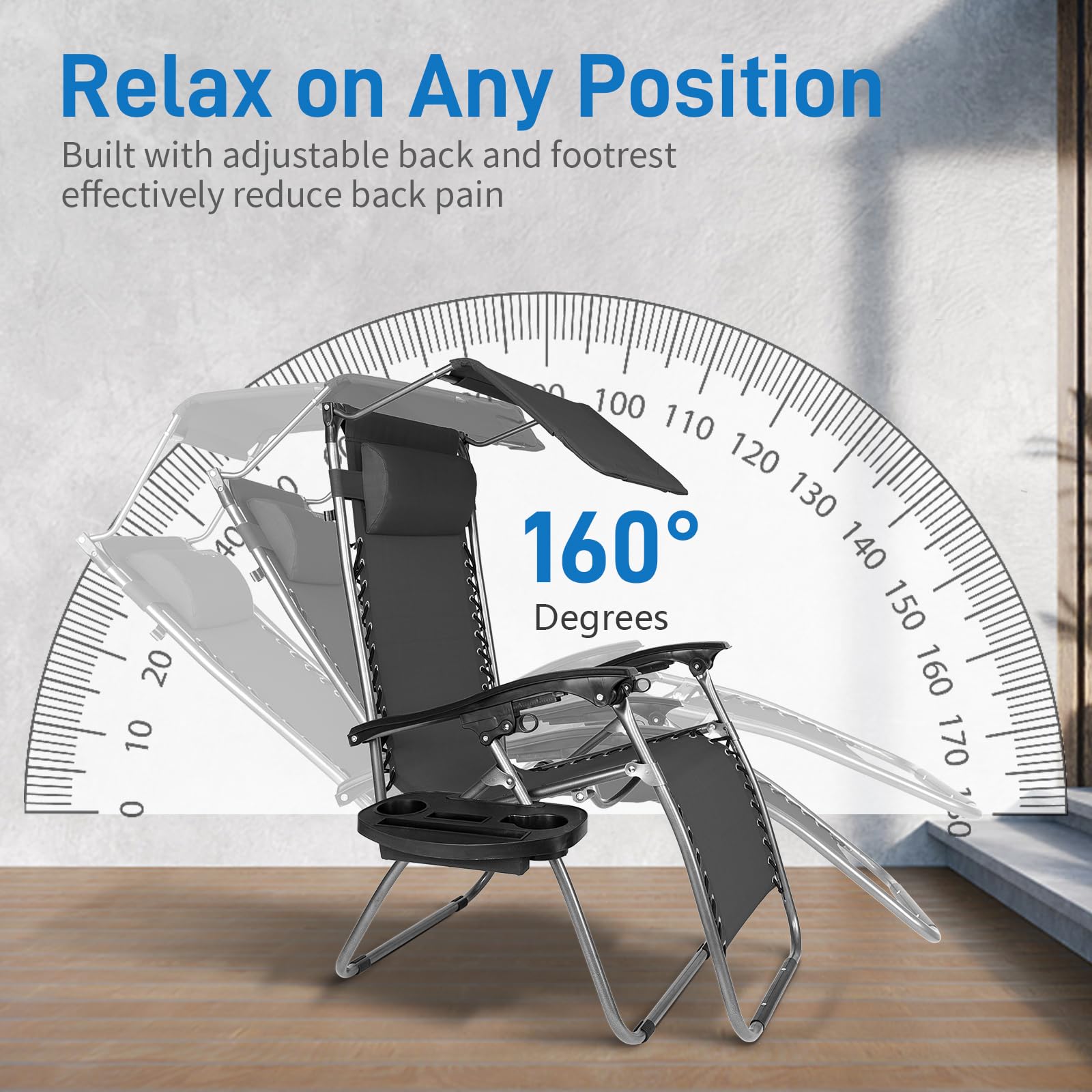 Bonnlo Zero Gravity Chair with Canopy - Adjustable Folding Patio Lounge Chair with Sunshade, Cup Holder & Headrest - Perfect for Beach, Garden, Poolside & Outdoor Relaxation (Blue/Black)