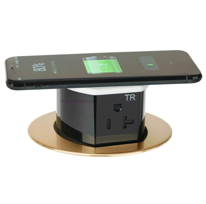 Hubbell RCT Tri-Power Countertop Pop-Up Outlet with Wireless Charging, USB-A & USB-C Ports - 20A Brass Finish (Ideal for Kitchen Islands, Office Desks & Coffee Shops)