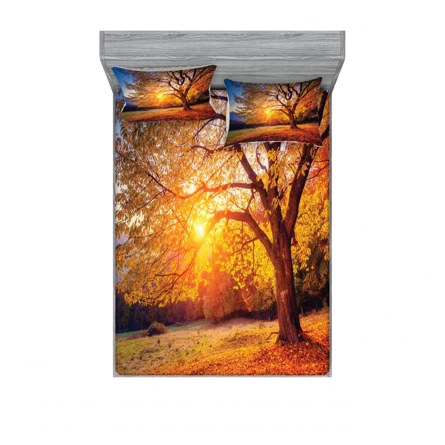 Ambesonne 2-Piece King Size Fitted Sheet Set with 4 Pillow Shams - Autumn Fall Tree Leaves Design Brown Bedding Collection | Cozy Seasonal Home Decor for Master Bedroom, Guest Room & Vacation Homes