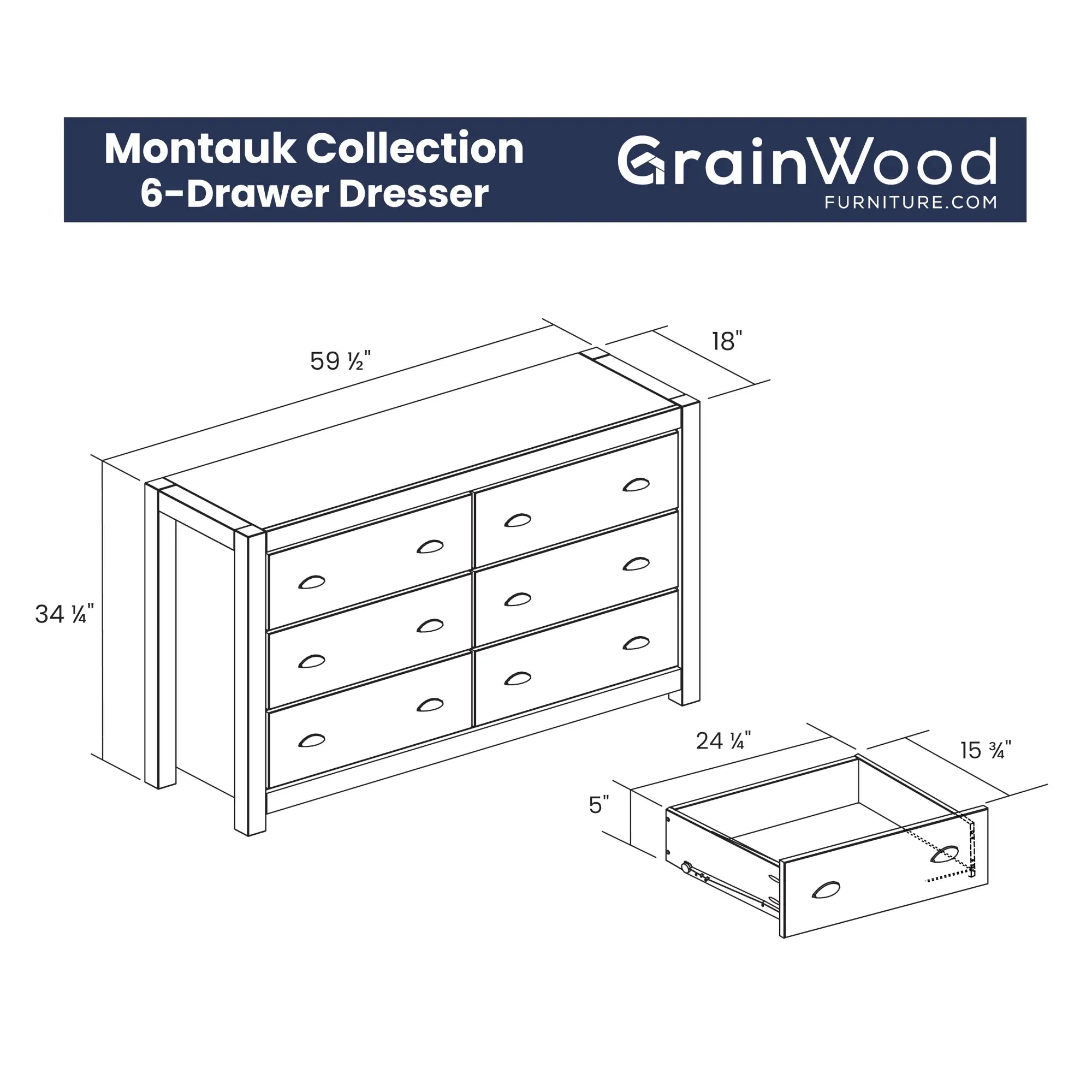 Montauk 6 Drawer Dresser - Solid Wood Bedroom Chest of Drawers for Storage & Organization - Perfect for Master Bedroom, Guest Room, or Dorm Decor
