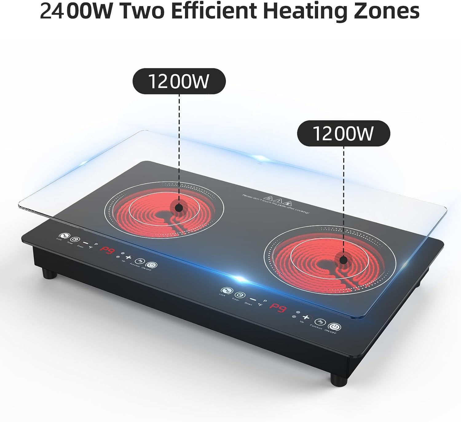 **24 Inch Electric Cooktop - 110V 2400W Built-in Ceramic Stove Top with 9 Power Levels & LED Touch Control - 2 Burner Desktop Induction Cooktop for Home, Kitchen, RV & Small Spaces**