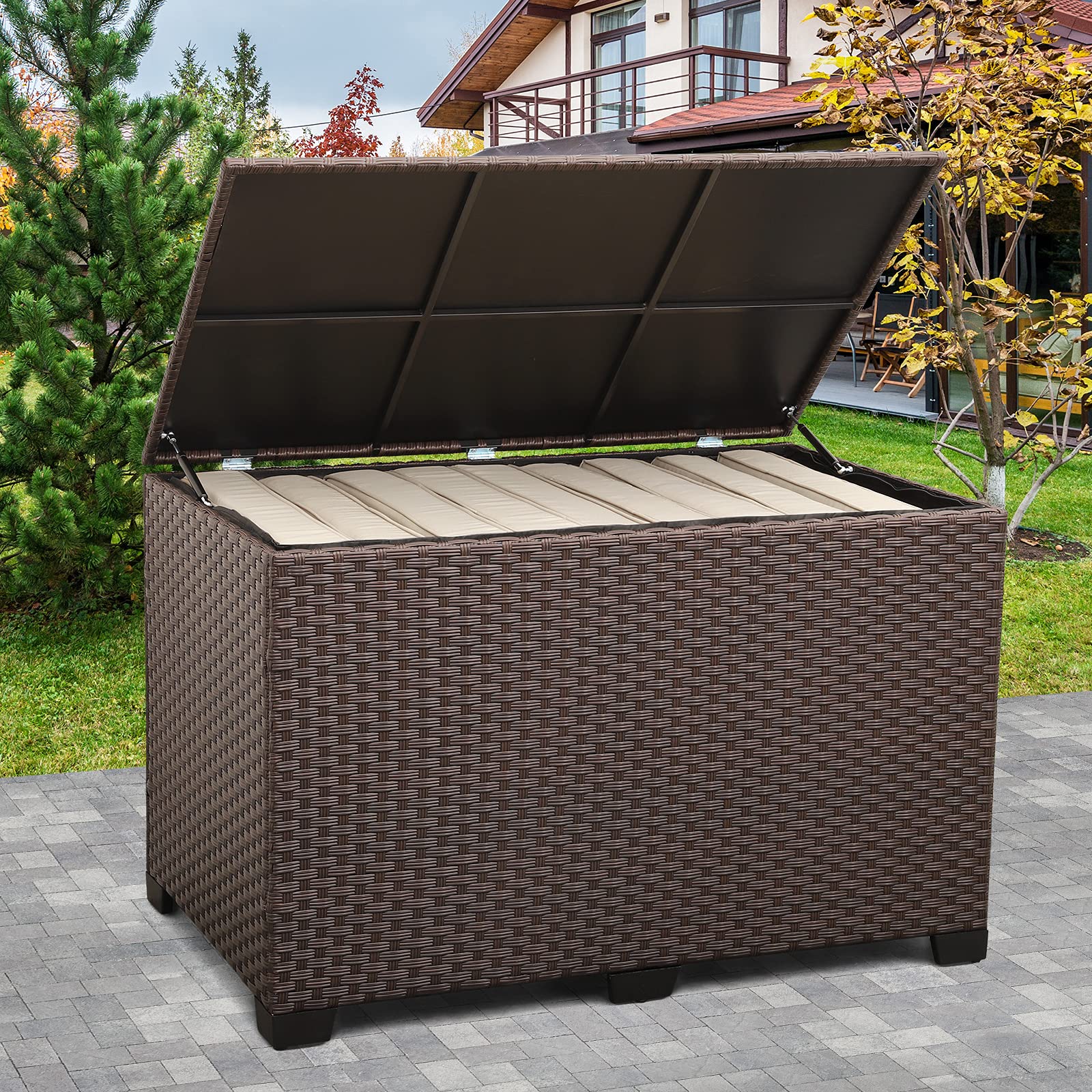 Valita Outdoor Wicker Storage Box - Large 150 Gallon Resin Brown Rattan Deck Bin with Lid & Water-resistant Liner - Perfect for Patio, Garden Tools, Pool Accessories, Cushions & Pillows - Ideal for Backyard, Deck & Outdoor Storage Organization