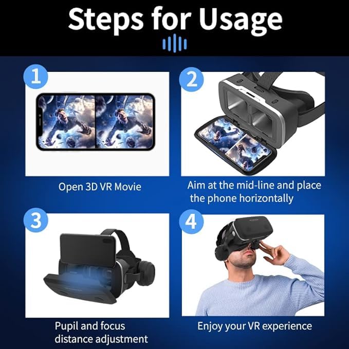 VRLEKAM 3D VR Glasses for Smartphones - Virtual Reality Headset for iPhone & Android (5.0-7.2 Inch) | PC Entertainment, Blue Light Blocking | Perfect for Gaming, Movies & VR Experiences