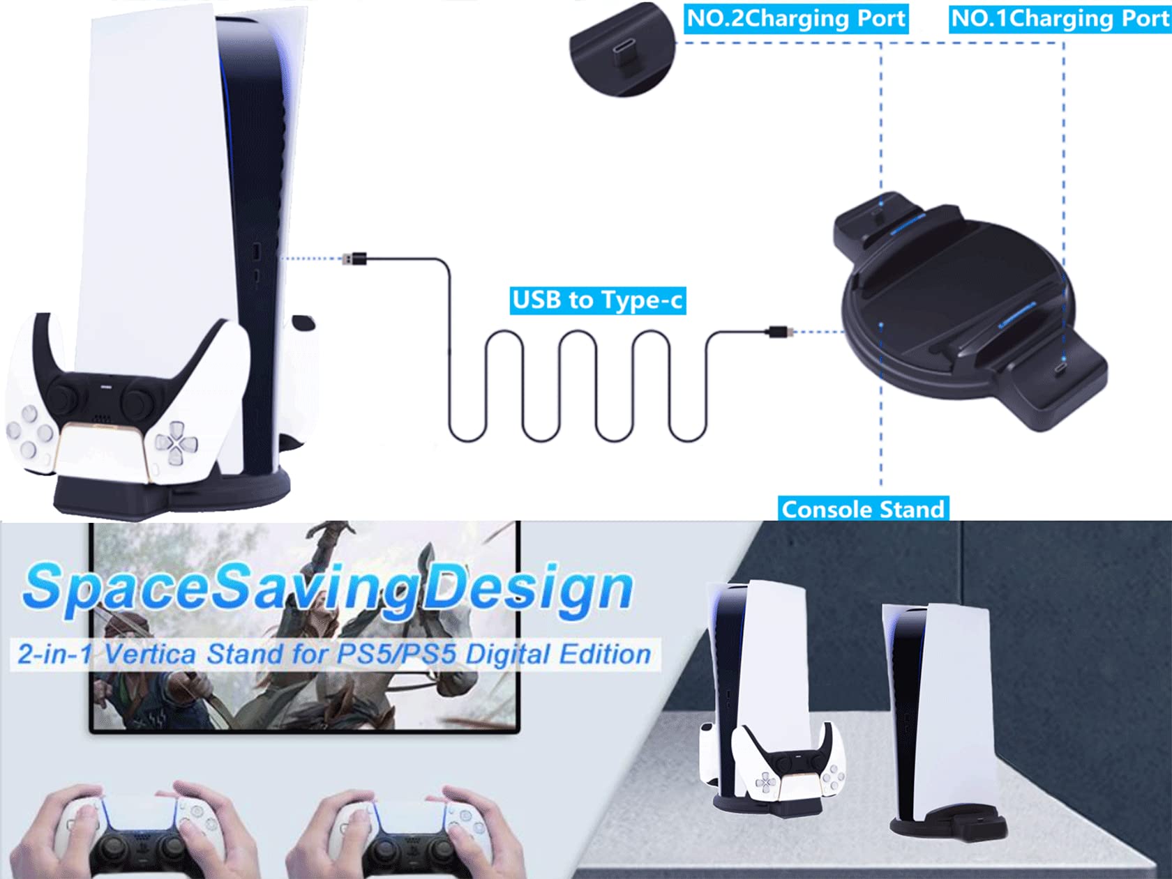 PS5 Vertical Stand with DualSense Charging Station - Compatible with PS5 Console Disc & Digital Edition | LED Indicator & USB-C Charger | Perfect for Gaming Setup & Controller Organization (Black)