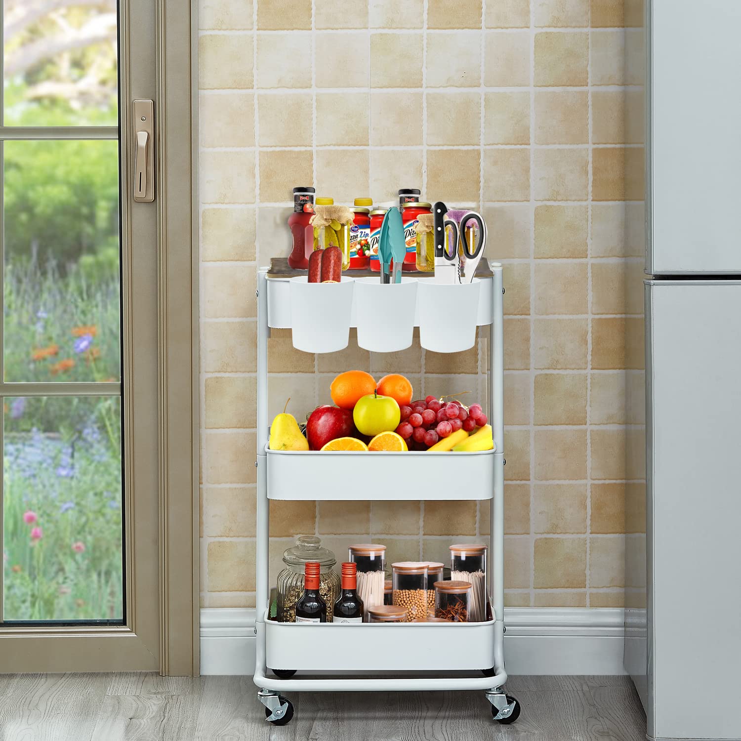 Melody House 3-Tier Metal Rolling Cart with Cover Board - Mobile Storage Organizer for Office, Home & Kitchen - Cream White Utility Cart for Books, Plants & Bathroom Essentials