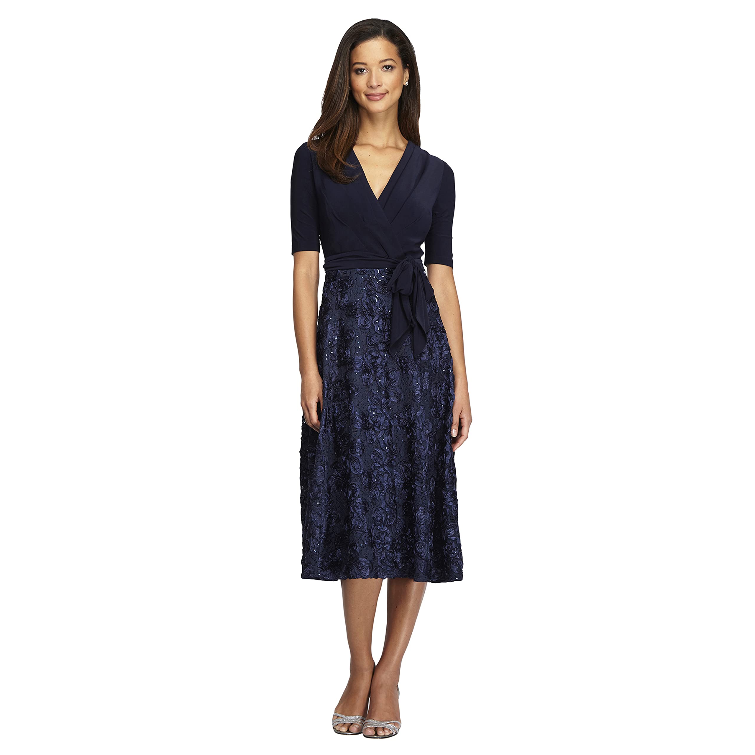 Alex Evenings Women's Navy Tie Front Tea Length Jersey & Rosette Lace Dress - Petite & Regular Sizes (6P) - Perfect for Cocktail Parties, Weddings & Formal Events