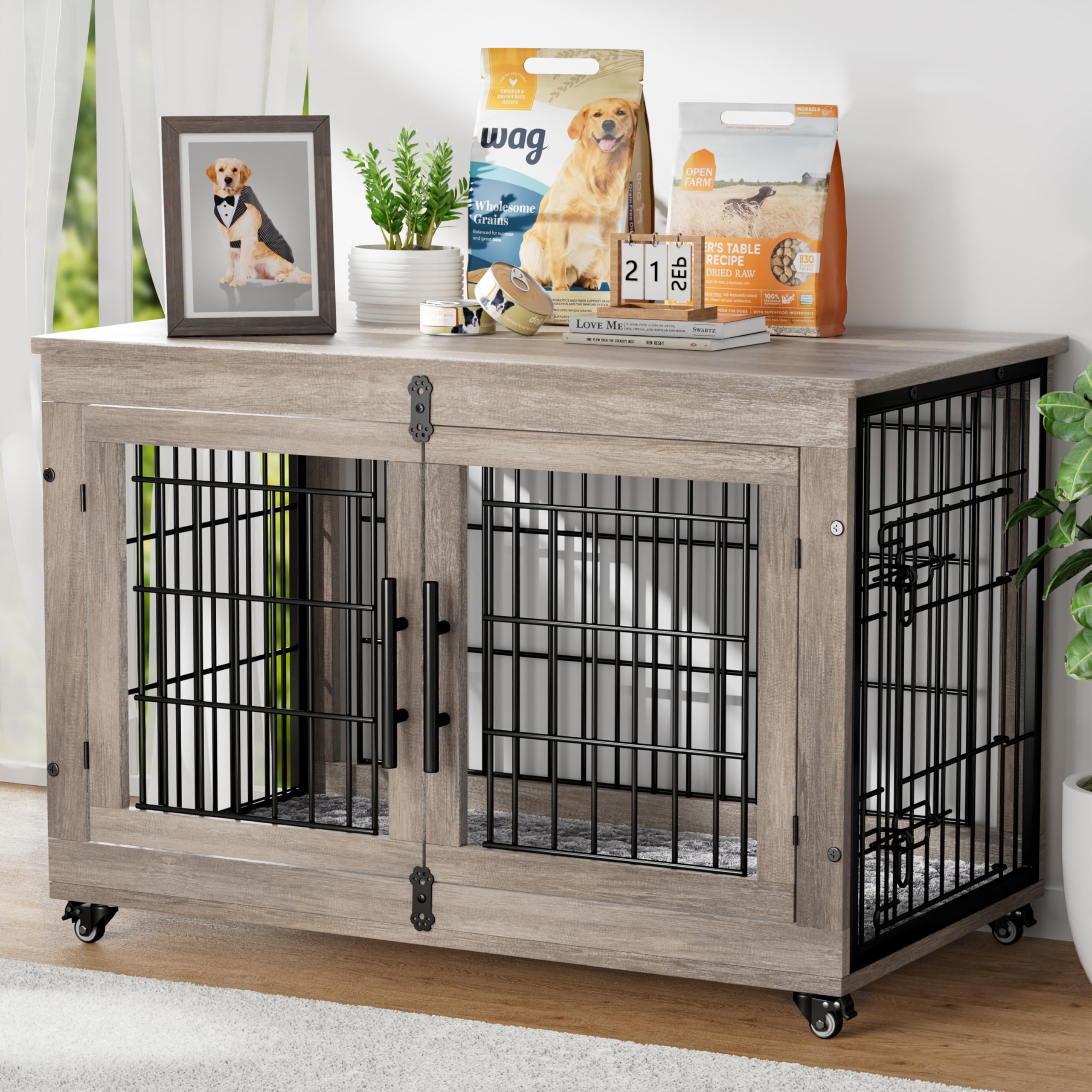 Premium Wooden Dog Crate Furniture with Cushion - Large Indoor Dog Kennel with Double Doors & Wheels - 38.5