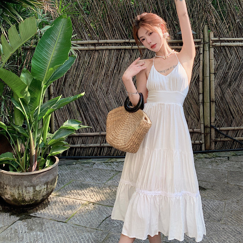 Backless Halter Neck Summer Dress - Fairy White Spaghetti Strap Flowy Dress 1033 | Perfect for Beach Vacations, Date Nights & Summer Parties