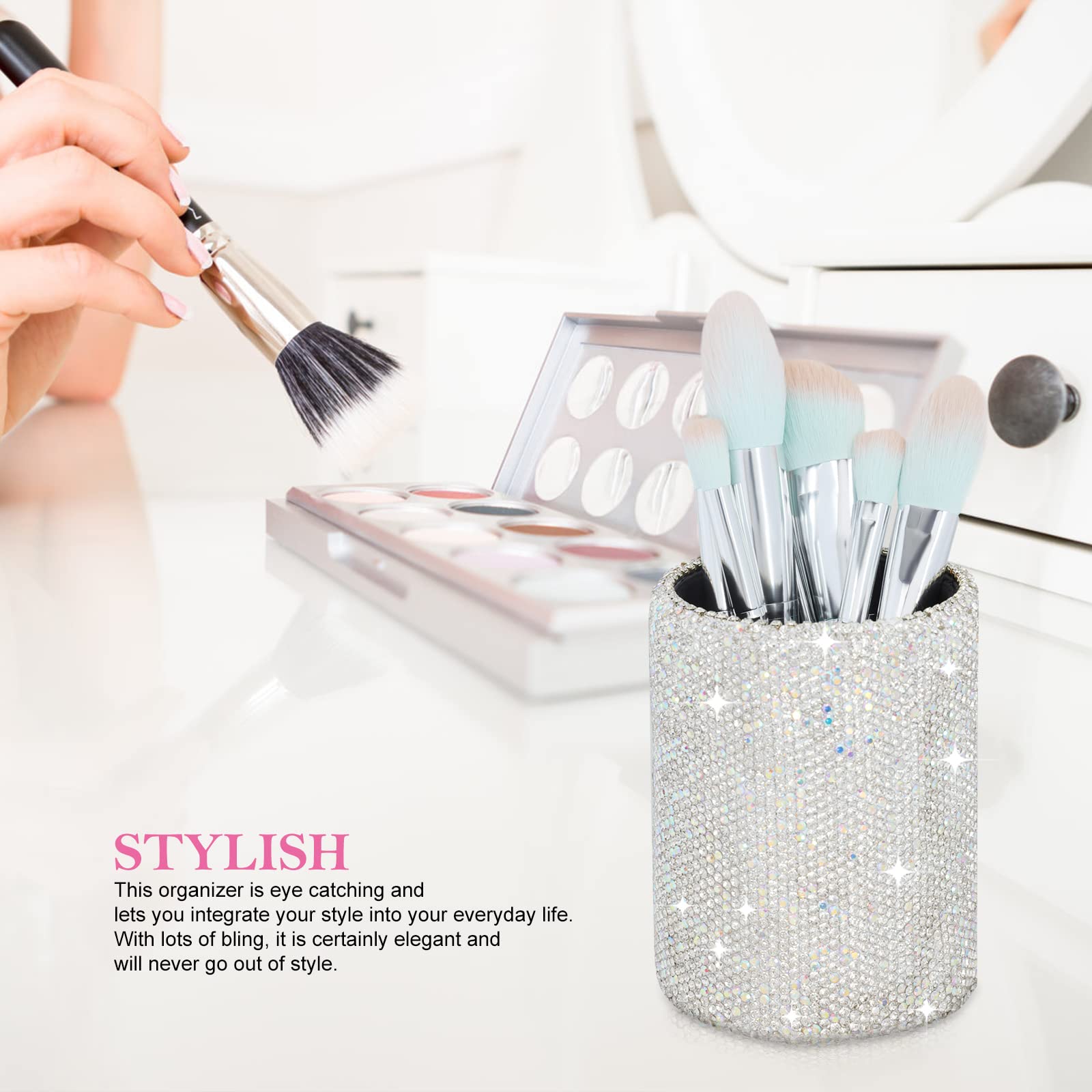 KEYPOWER Crystal Pen Holder Organizer - Bling Rhinestone Cosmetic Brush Storage Box, Round Pencil Pot for Desk Makeup Brushes & Comb (Perfect for Vanity, Office & Gift)