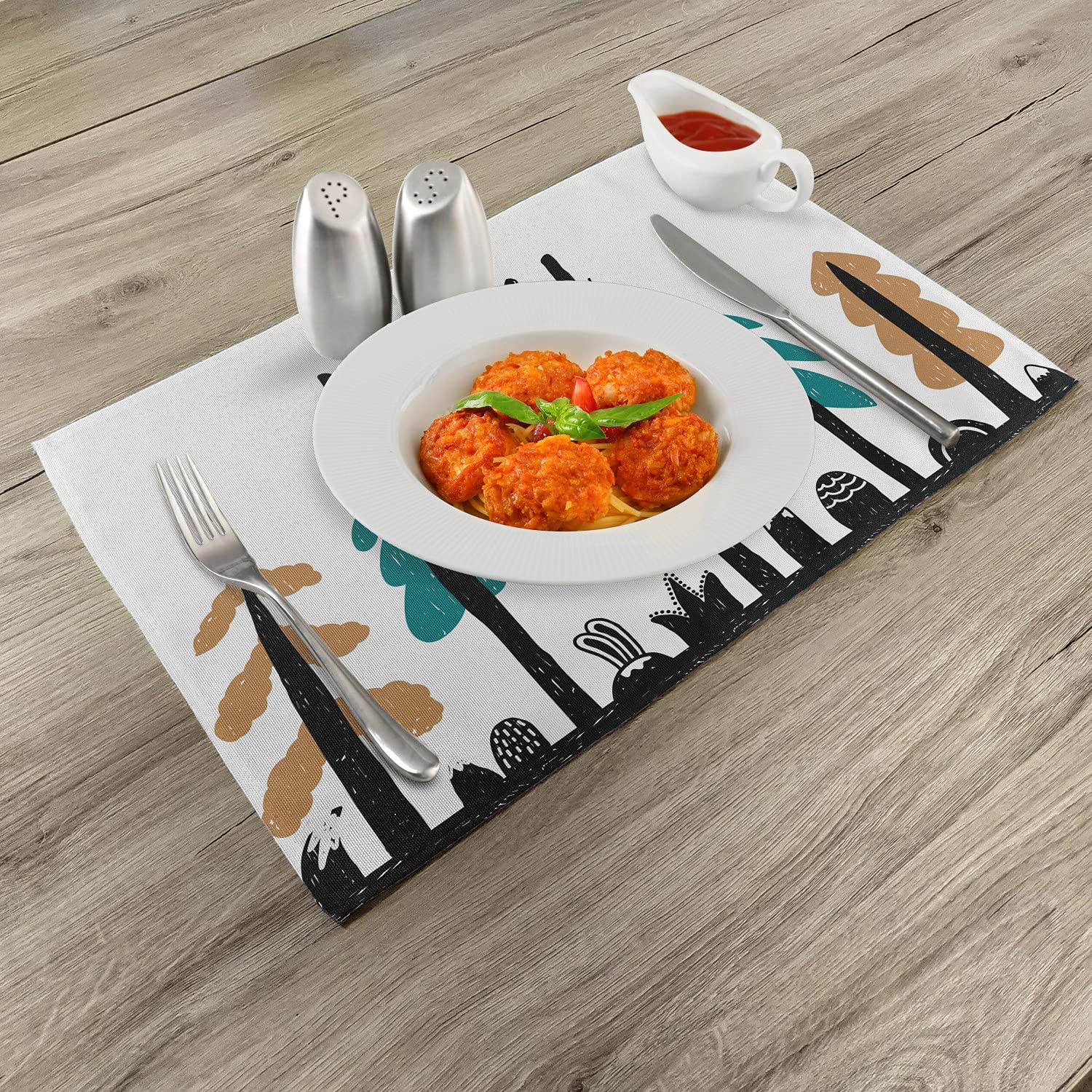 Lunarable Wild and Free Place Mats Set of 4 - Hand Drawn Forest Design with 'Be Wild' Message, Washable Fabric Placemats for Dining Table & Kitchen Decor in Pale Brown, Teal & Black | Perfect for Rustic, Bohemian & Nature-Inspired Home Decor