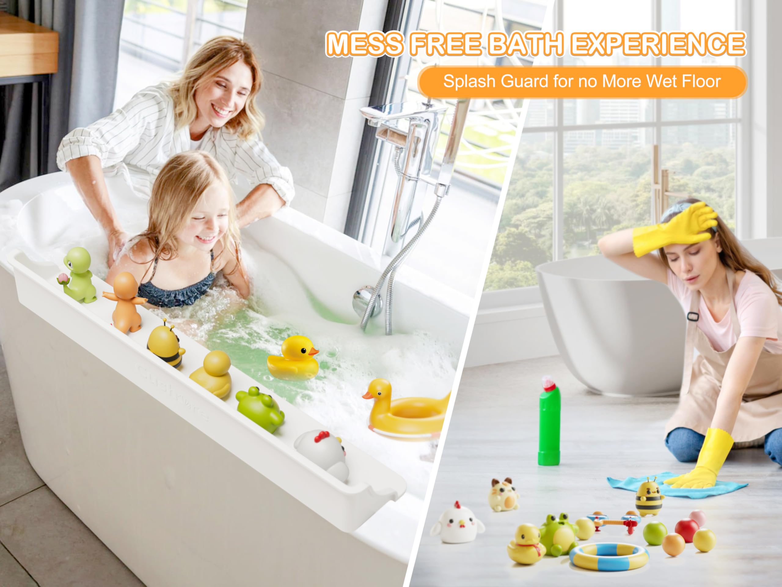 3-Ft Bathtub Splash Guard PlayPad with Strong Suction Cups | Toy Tray Caddy Holder Storage | No-Leak, Mess-Free Bath Time for Kids | White | Perfect for Toddler Bath Safety & Water Play Fun