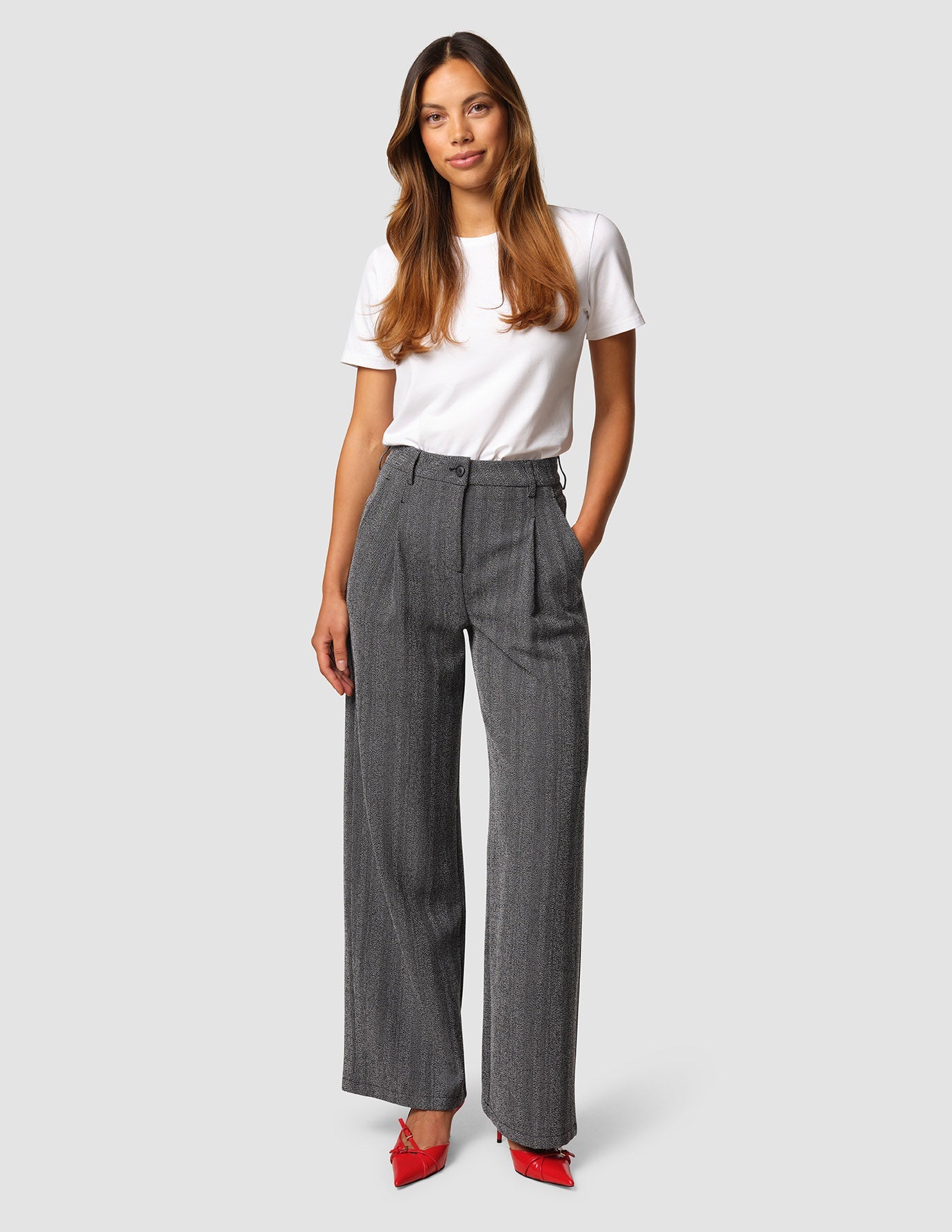 Serene Women's Wide Leg Pants - Grey Herringbone Pattern - Comfortable High Waisted Trousers for Work, Office & Casual Wear