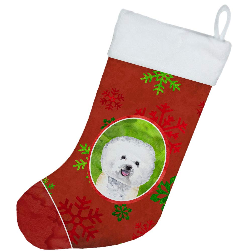 Bichon Frise Christmas Stocking - Red & Green Snowflakes Holiday Fireplace Hanging Decor | Perfect for Christmas Party, Family Gatherings & Festive Home Decoration