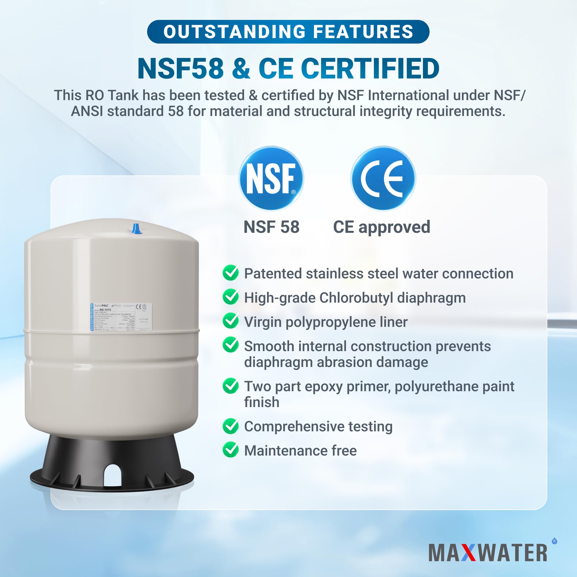 14 Gallon Max Water Reverse Osmosis Storage Tank with Pre-Pressurized System - Perfect for Home, Office & RV Water Filtration Needs