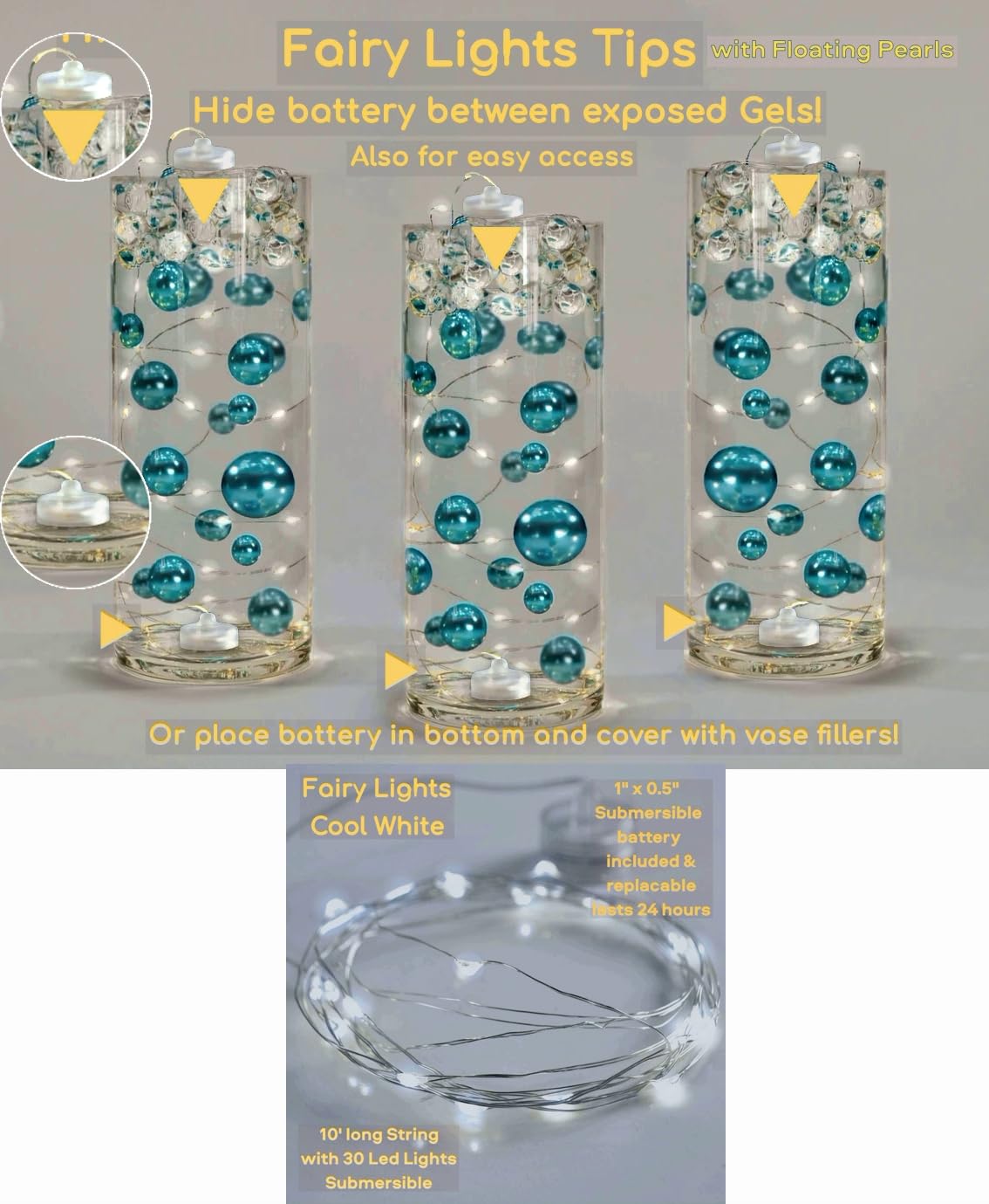 300 Floating Royal Blue & Navy Pearls - Large Size Pearls with Transparent Water Gel Kit for Stunning Floating Effect - Fills 4 Gallons for Vases - Includes White Submersible Fairy Lights - Perfect for Wedding Centerpieces, Home Decor & Spa Relaxation