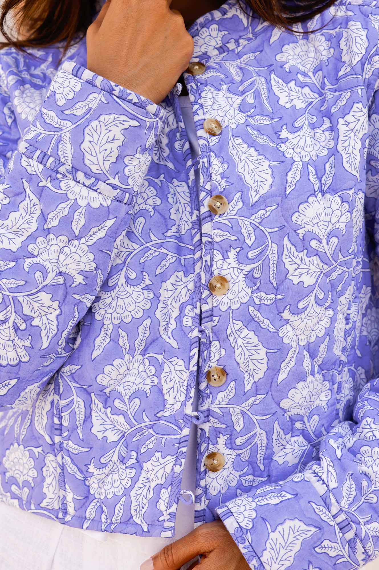 Polly Organic Cotton Block Print Quilted Jacket - Iris Blue & White | Eco-Friendly Women's Outerwear for Spring & Fall Fashion