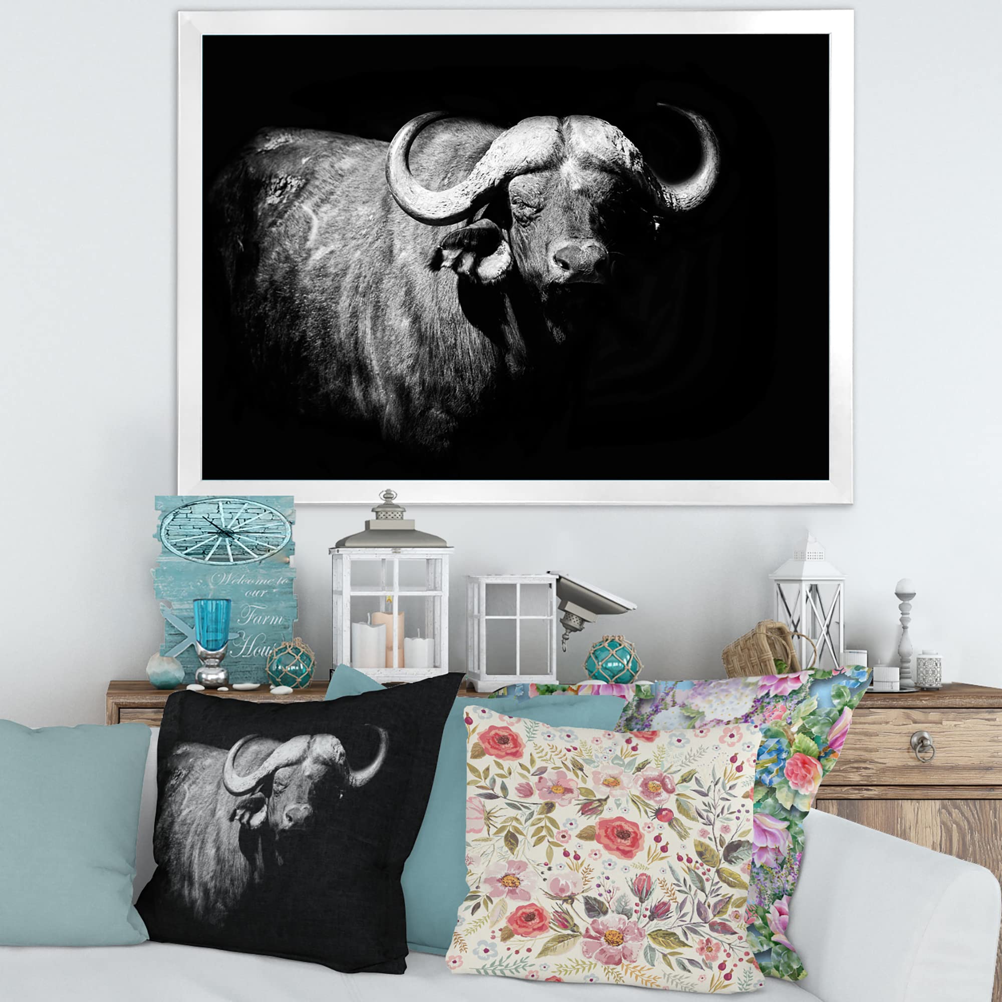 DesignQ Black and White Buffalo Portrait - Farmhouse Style Framed Wall Art Decor for Living Room, Bedroom & Office