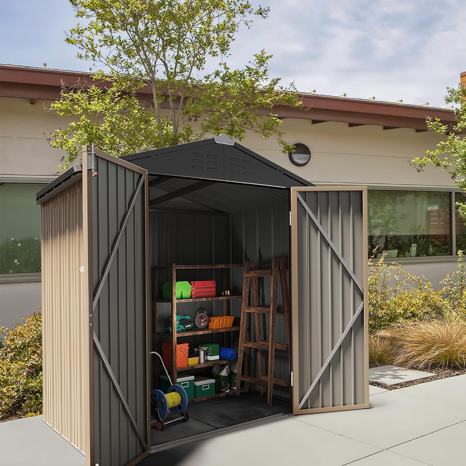 **Furniwell 6x4 FT Outdoor Metal Storage Shed - Brown Garden Shed with Lockable Door for Backyard, Patio & Lawn - Perfect for Storing Tools, Equipment & Seasonal Items**