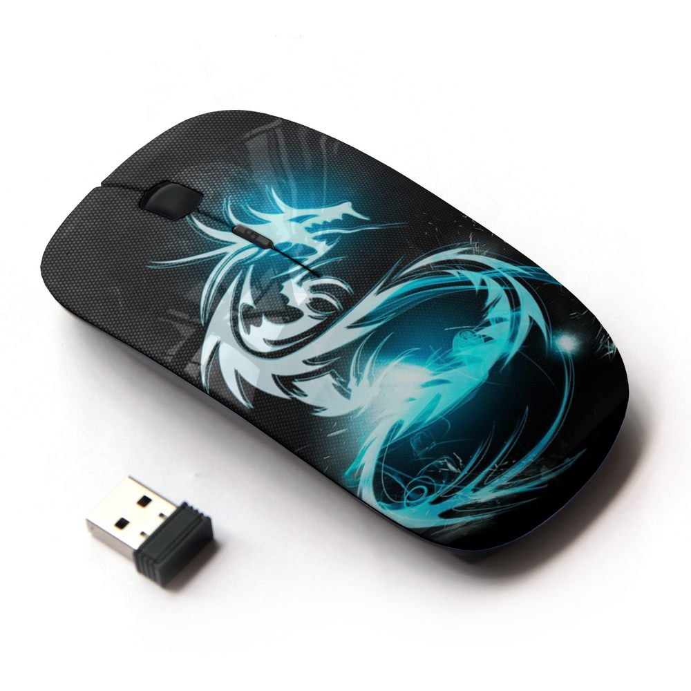 2.4G Wireless Optical Mouse with Blue Glow Tribal Dragon Design - Ergonomic USB Computer Mouse for Gaming, Office & Home Use