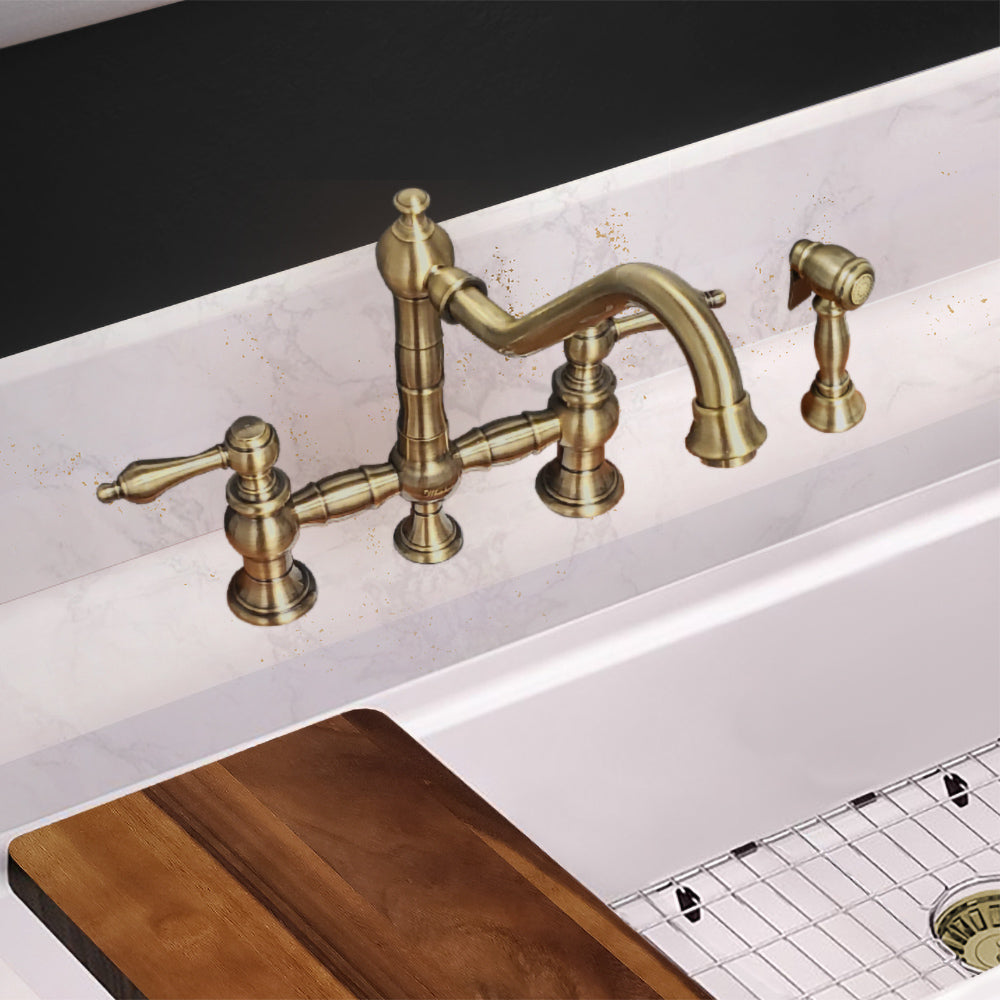 Solid Brass Bridge Faucet with Long Swivel Spout & Lever Handles - Traditional Kitchen Sink Faucet with Side Sprayer for Farmhouse & Vintage Style Homes