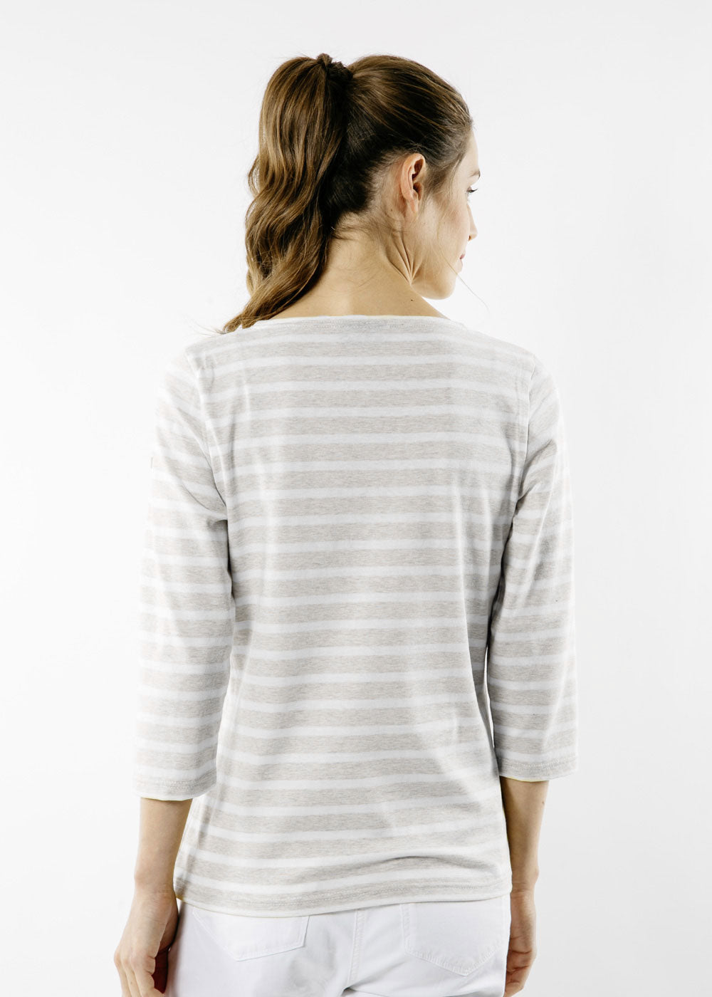 GALATHEE II Women's Breton Striped 3/4 Sleeve Top - Soft Cotton Crewneck Shirt in Oatmeal & White | Casual Wear, Weekend Outfits, Spring & Summer Fashion