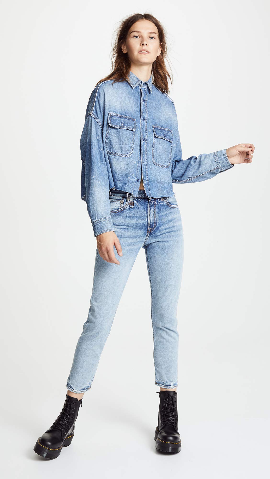 R13 Women's Cropped Denim Shirt - Vintage Washed Distressed Button Up Top for Casual Outfits & Streetwear Style | Perfect for Layering, Music Festivals & Everyday Wear
