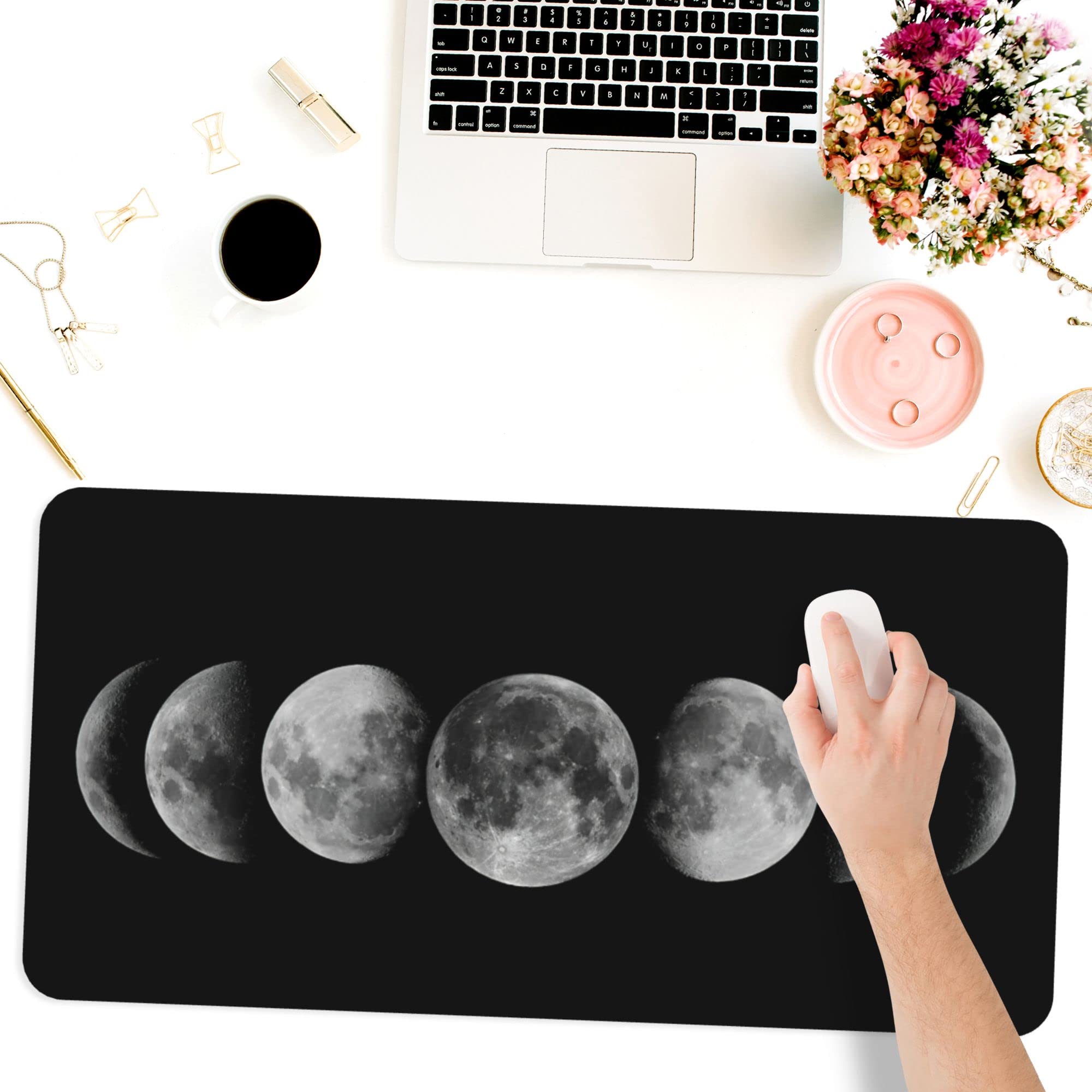 Celestial Moon Phases Extended Gaming Mouse Pad - 31.5x15.7 Inch Non-Slip Rubber Base Desk Mat with Stitched Edges for Office Work & PC Gaming | Perfect for Computer Setup, Streaming & Home Office