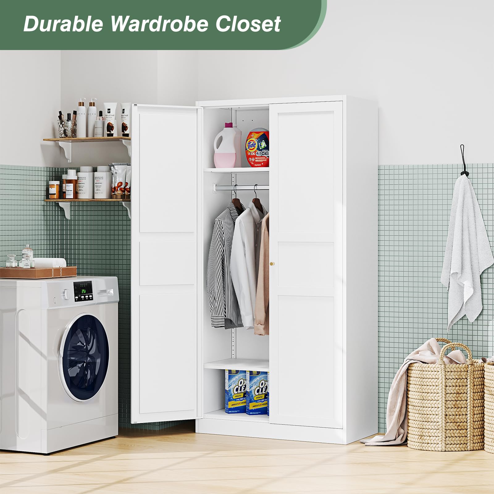 White Metal Wardrobe Closet Cabinet with Doors & Shelves - Space Saving Storage Armoire for Bedroom, Laundry Room, Home Office & Bathroom Organization | Perfect for Small Spaces & Apartment Living