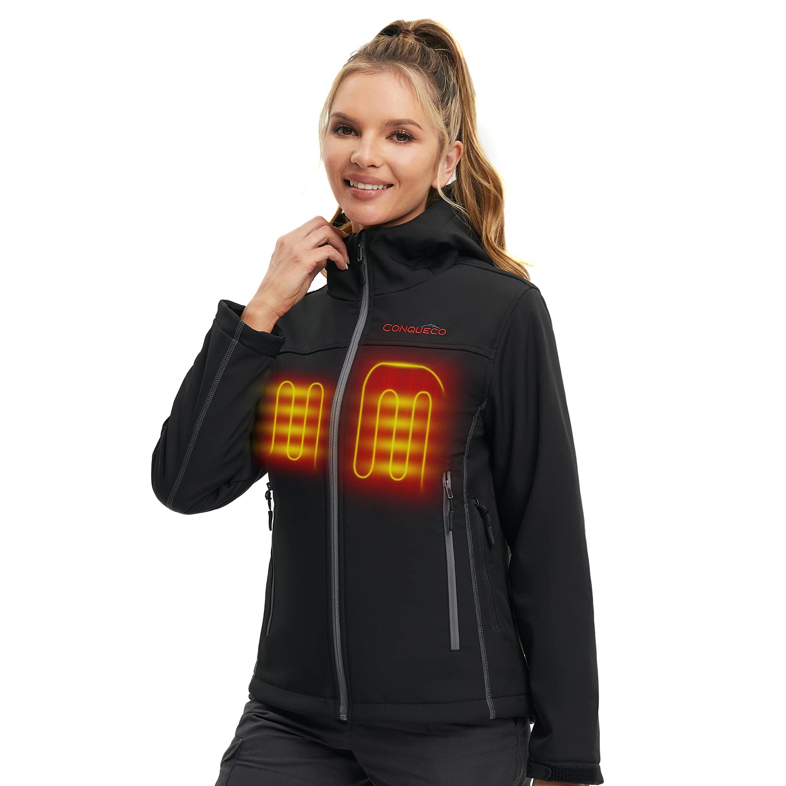 CONQUECO Women's Heated Jacket - Slim Fit Electric Hoodie with USB Heating for Winter - Perfect for Outdoor Activities, Skiing & Cold Weather Commutes
