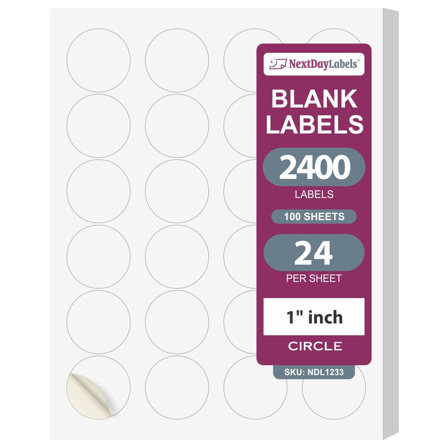 NextDayLabels – 1.66 Inch Round Sticker Labels for Printer - Matte White Blank Printable Circle Labels for Laser & Inkjet (100 Sheets, 24 Per Sheet, 2400 Labels) - Perfect for Address Labels, Jar Labels, Organizing & Craft Projects