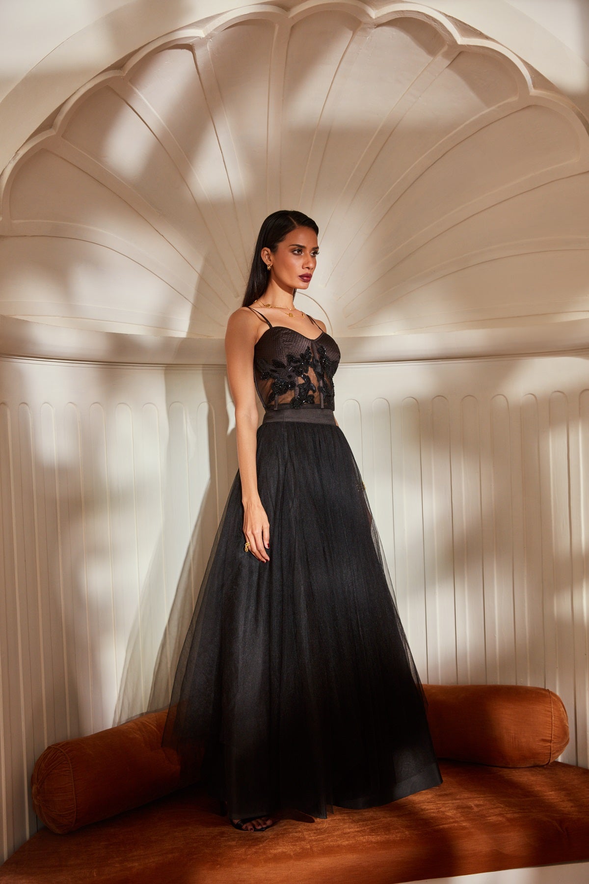 Elegant Black Tulle Skirt with Dupatta & Corset - Noire Glass Beads & Thread Embroidery | Perfect for Evening Parties, Weddings & Special Occasions