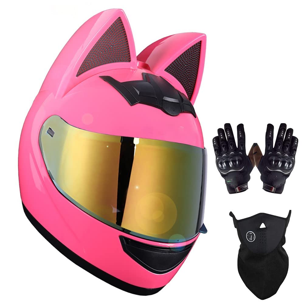 Cat Ear Motorcycle Helmet for Women - DOT/ECE Certified Bicycle & Street Bike Helmet with Gloves & Neck Guard - Cute Safety Gear for Girls - Perfect Gift for Female Riders (Use for Motorcycling, Biking, Scooter Riding, Cosplay & Costume Parties)