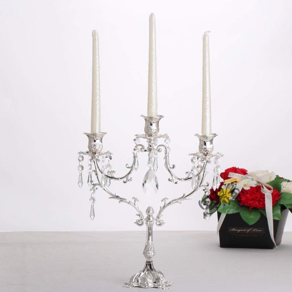 Vintage Iron 3-Arm Candle Holders for Tables - 14.58in/37cm Silver Candlesticks for Christmas, Birthday & Wedding Decor - Perfect for Dining Tables, Mantels & Holiday Centerpieces