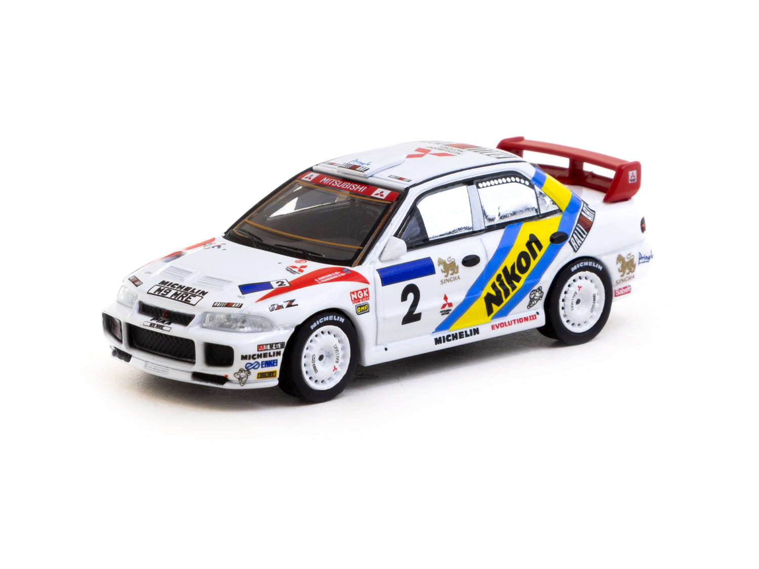 1/64 Scale Tarmac Works Mitsubishi Lancer Evolution III Diecast Model - 1995 Hong Kong Beijing Rally #2 Winner Car - Collectible Miniature Vehicle for Display & Racing Enthusiasts - Perfect for Diecast Collections, Office Decor, and RC Racing Scenes