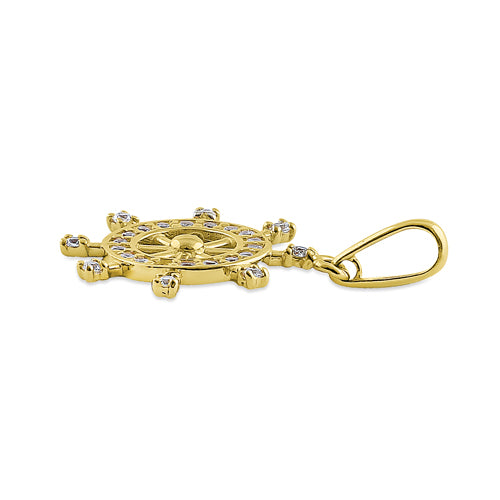 14K Solid Yellow Gold Ship's Wheel CZ Pendant Necklace - Nautical Jewelry for Women, Perfect Gift for Sailors & Beach Lovers