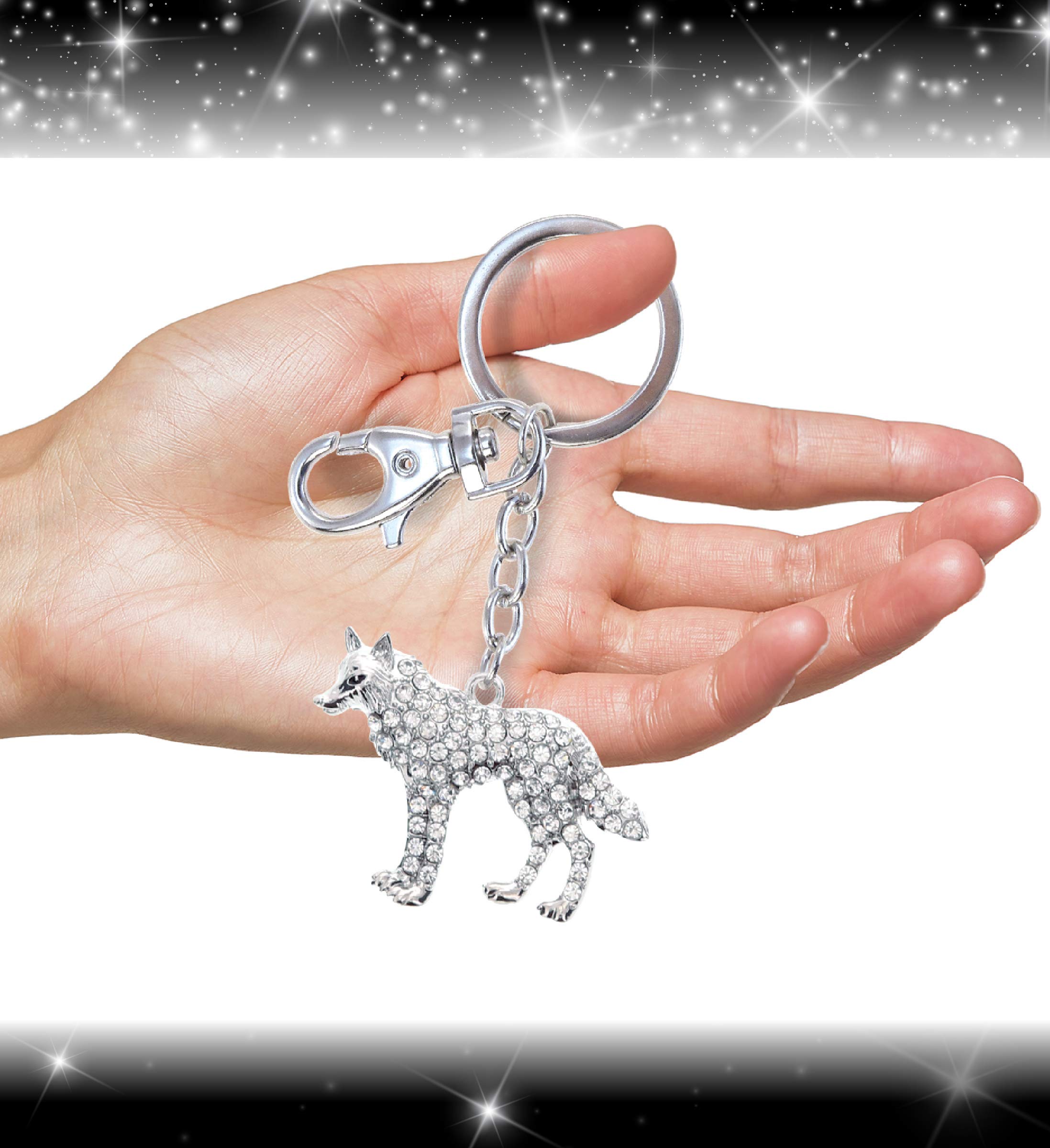 Aqua79 Wolf Keychain - Silver 3D Sparkling Rhinestone Charm, Fashionable Stylish Metal Alloy Key Ring with Clasp, Durable Crystal Jewelry Accessory for Women & Men - Perfect for Gifts, Bags, Keys & Everyday Carry