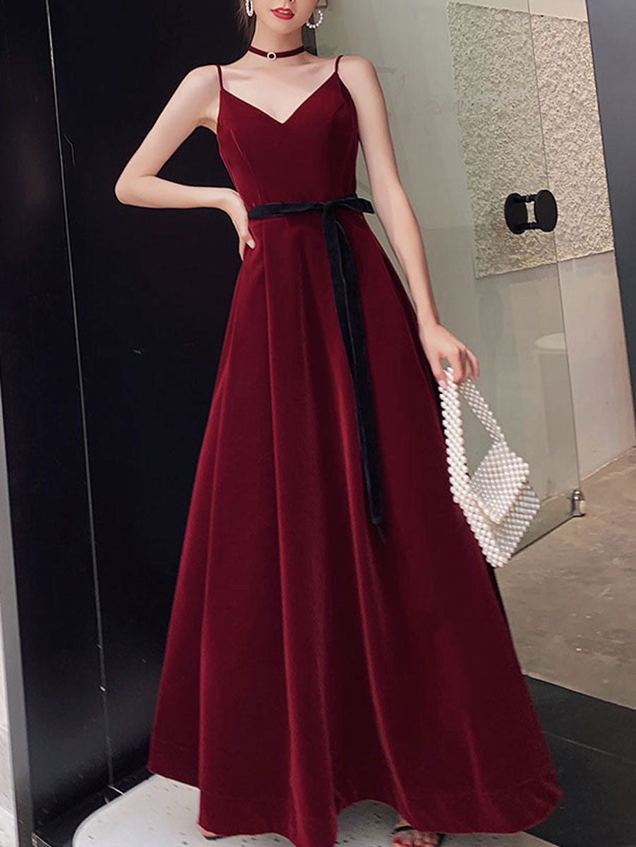 Elegant Burgundy Velvet Long Prom Dresses for Women - Formal Graduation Gowns with Flowy Skirt | Perfect for Homecoming, Ball, Evening Parties & Special Occasions